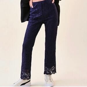 Free People Womens Wild Lace Pull On Crop Flare Pants Disco Indigo Dainty Sz XS